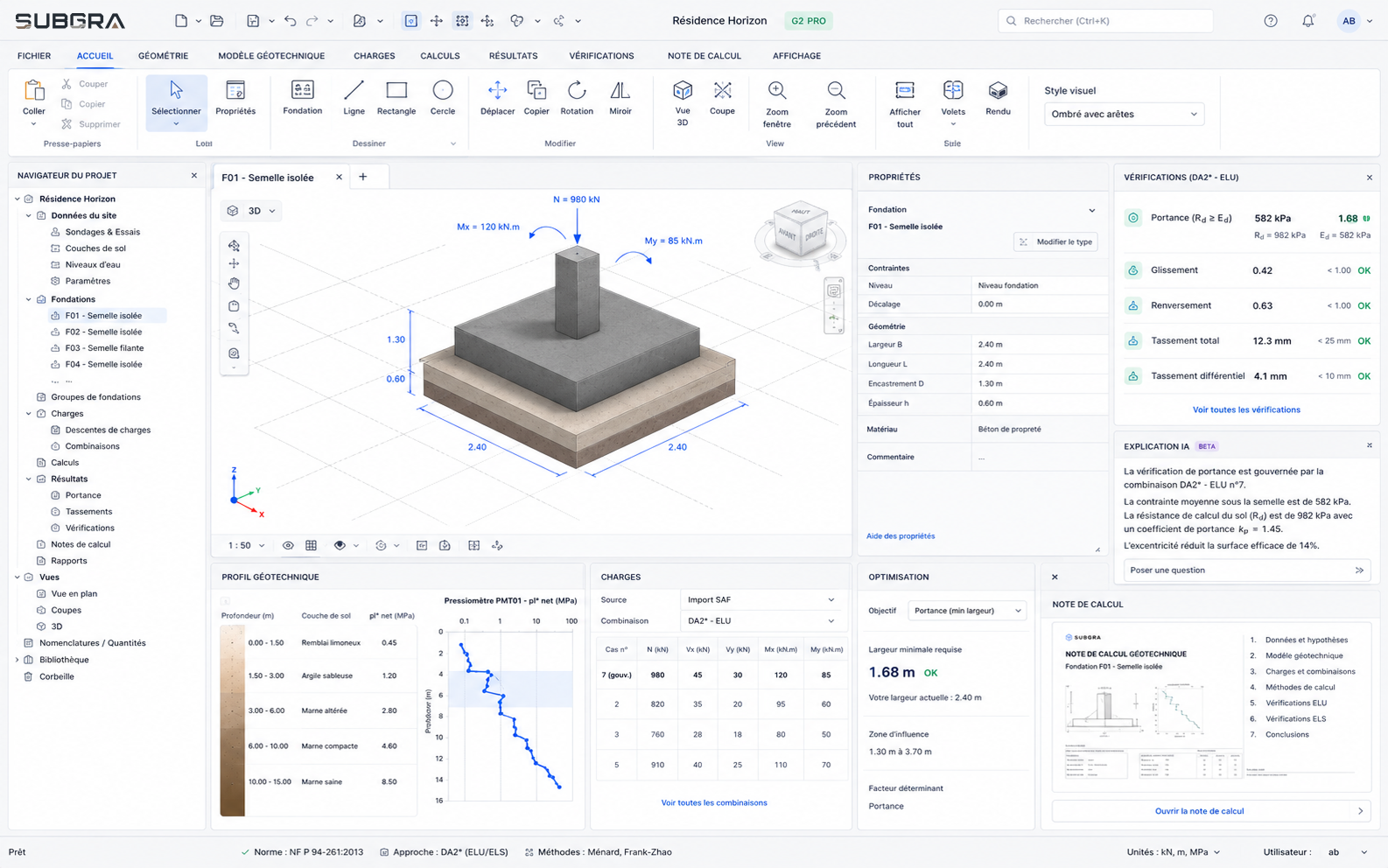 Interface du logiciel SUBGRA pour Windows : modèle de fondation en 3D, profil géotechnique, charges et vérifications.